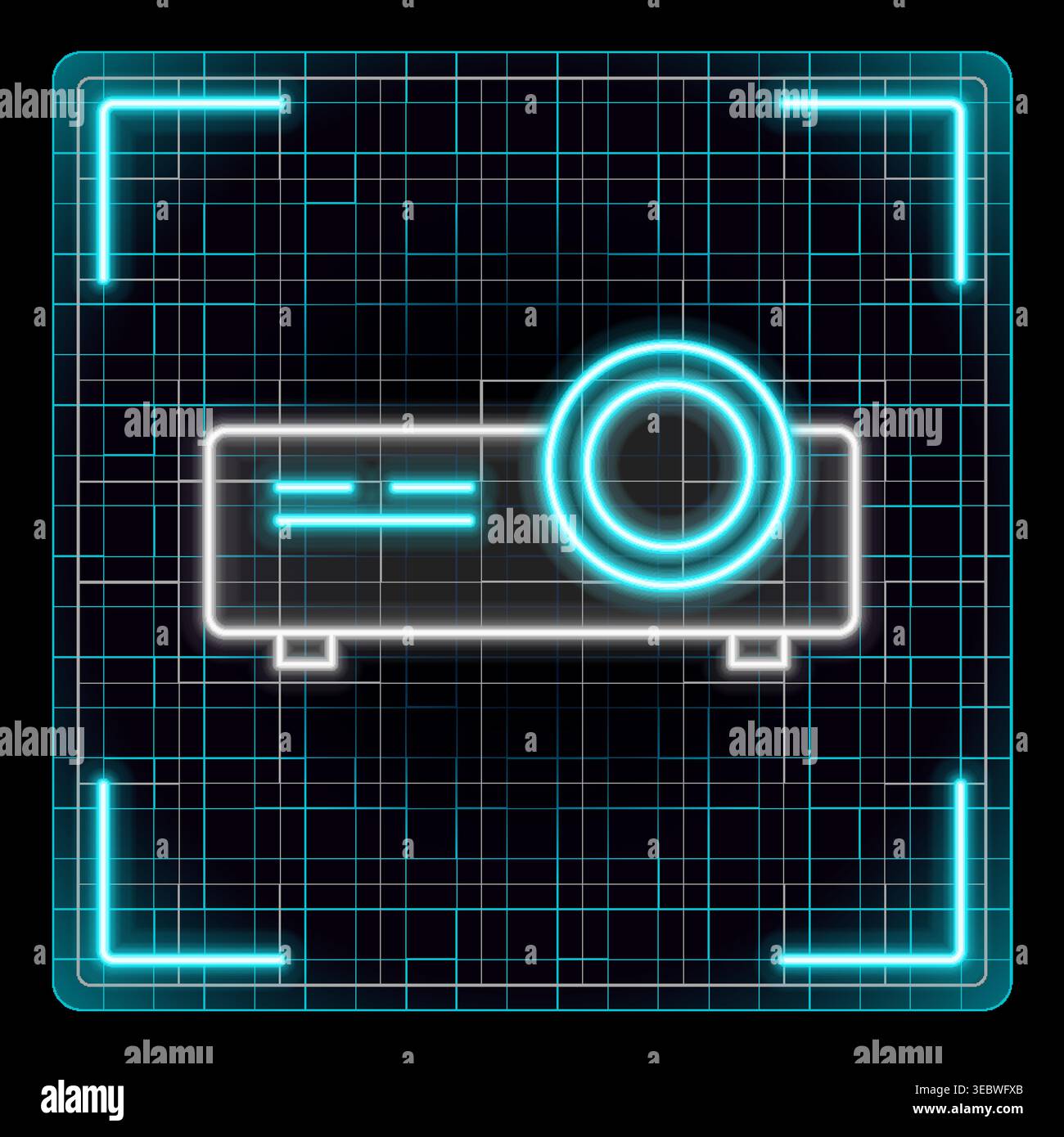 Video projector icon, digital home video projector. Glowing neon icon with border grid vector, editable strokes graphic style. Stock Vector