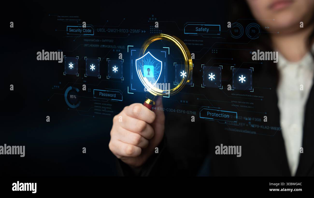 A concept of an advanced cybersecurity system. The futuristic interface shows a multi-factor authentication process using a secure password or PIN for Stock Photo