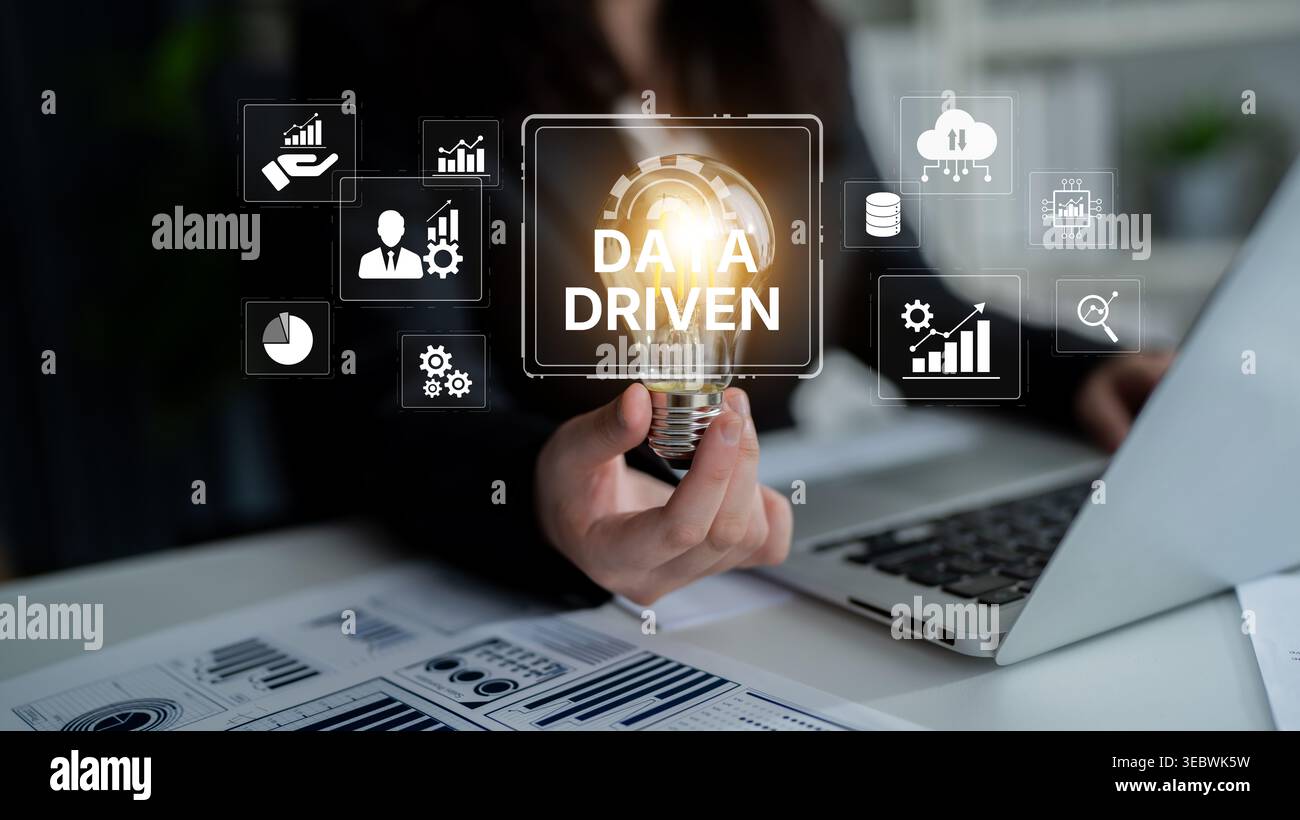 Data-driven decision-making empowers business through analytics, datum collection, and AI systems. Data driven tools support cloud data processing and Stock Photo