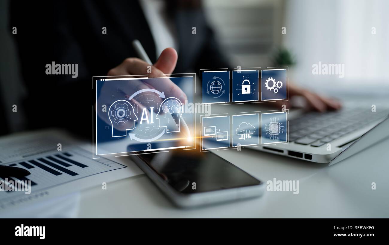 AI system integration improves artificial intelligence platform. AI system integration enhances automation, secures data, supports cloud, and AI Stock Photo