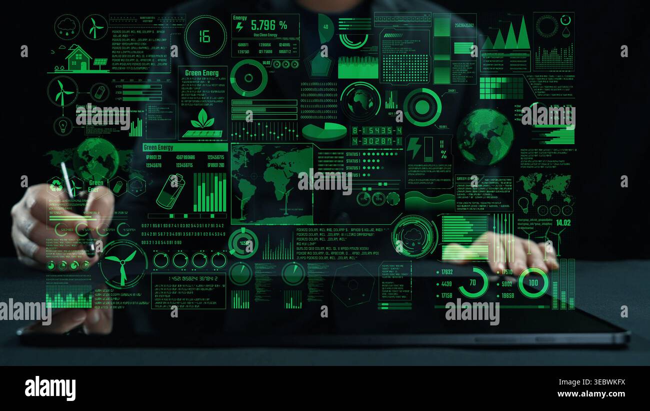 Explore a futuristic green energy technology interface showcasing data analytics, charts, and visualizations that highlight renewable energy trends Stock Photo