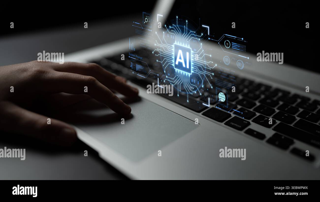 A futuristic AI core processor and system analytics dashboard. This concept highlights the raw processing power of AI for deep data analysis, system Stock Photo