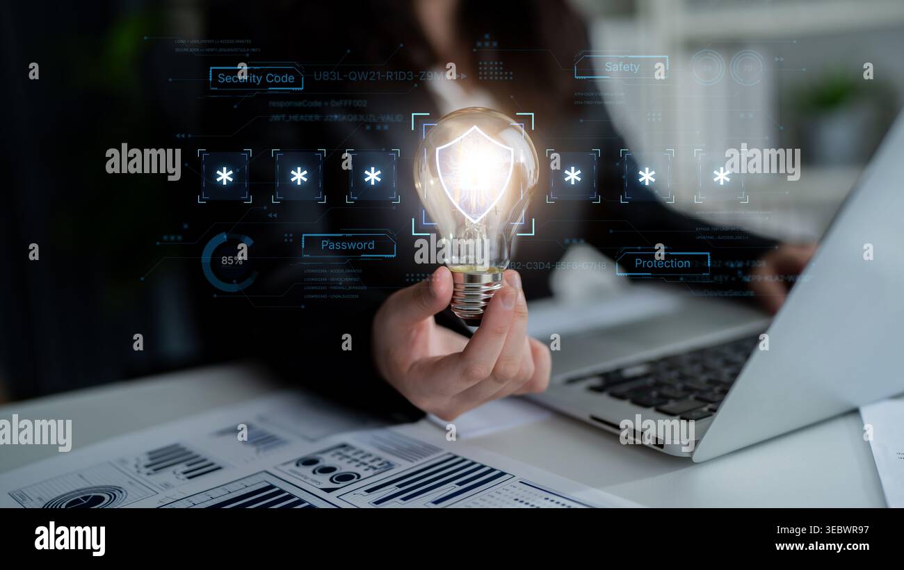 A concept of an advanced cybersecurity system. The futuristic interface shows a multi-factor authentication process using a secure password or PIN for Stock Photo