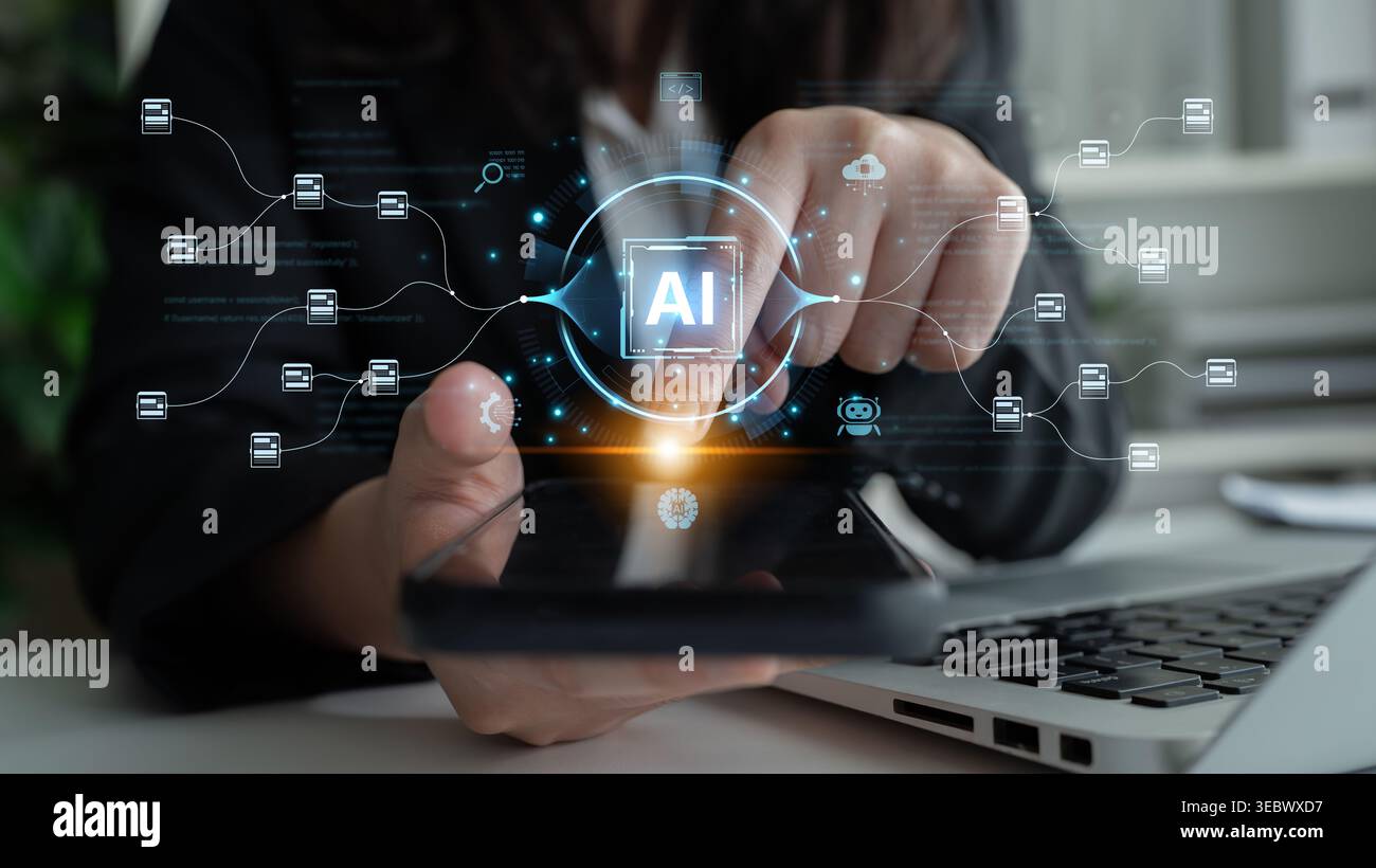 An AI-powered system for automating data workflows. The central intelligence processes and distributes information, managing complex data pipelines as Stock Photo