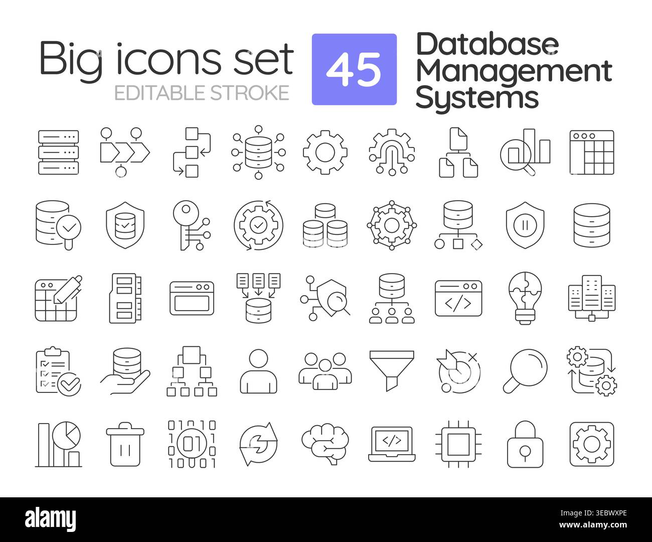 Database management systems line icons set Stock Vector