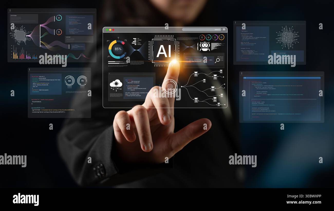 An AI development environment dashboard. This platform provides tools for coding, data science, and visualizing machine learning models, from the Stock Photo
