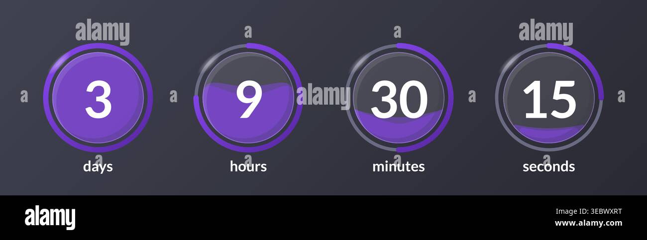 Liquid effect translucent countdown timer set on dark background Stock Vector