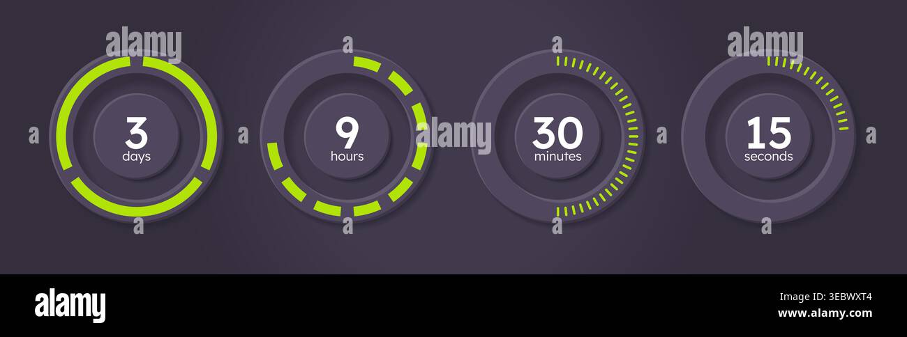 Time management countdown timer set on dark background Stock Vector