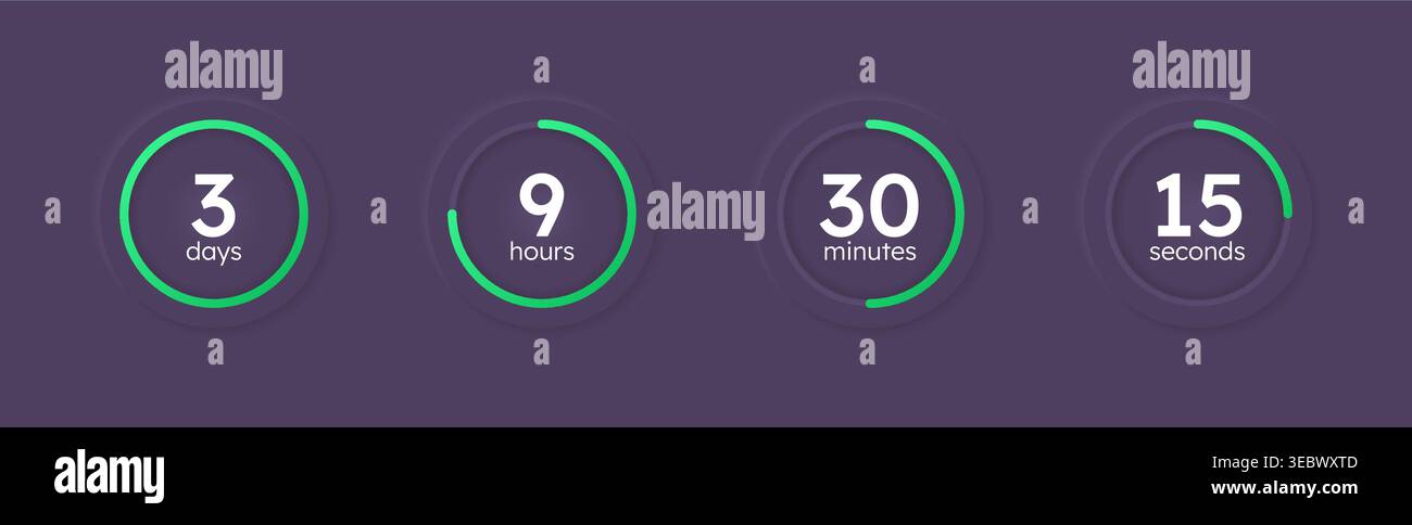 Green line neumorphism countdown timer set on dark background Stock Vector