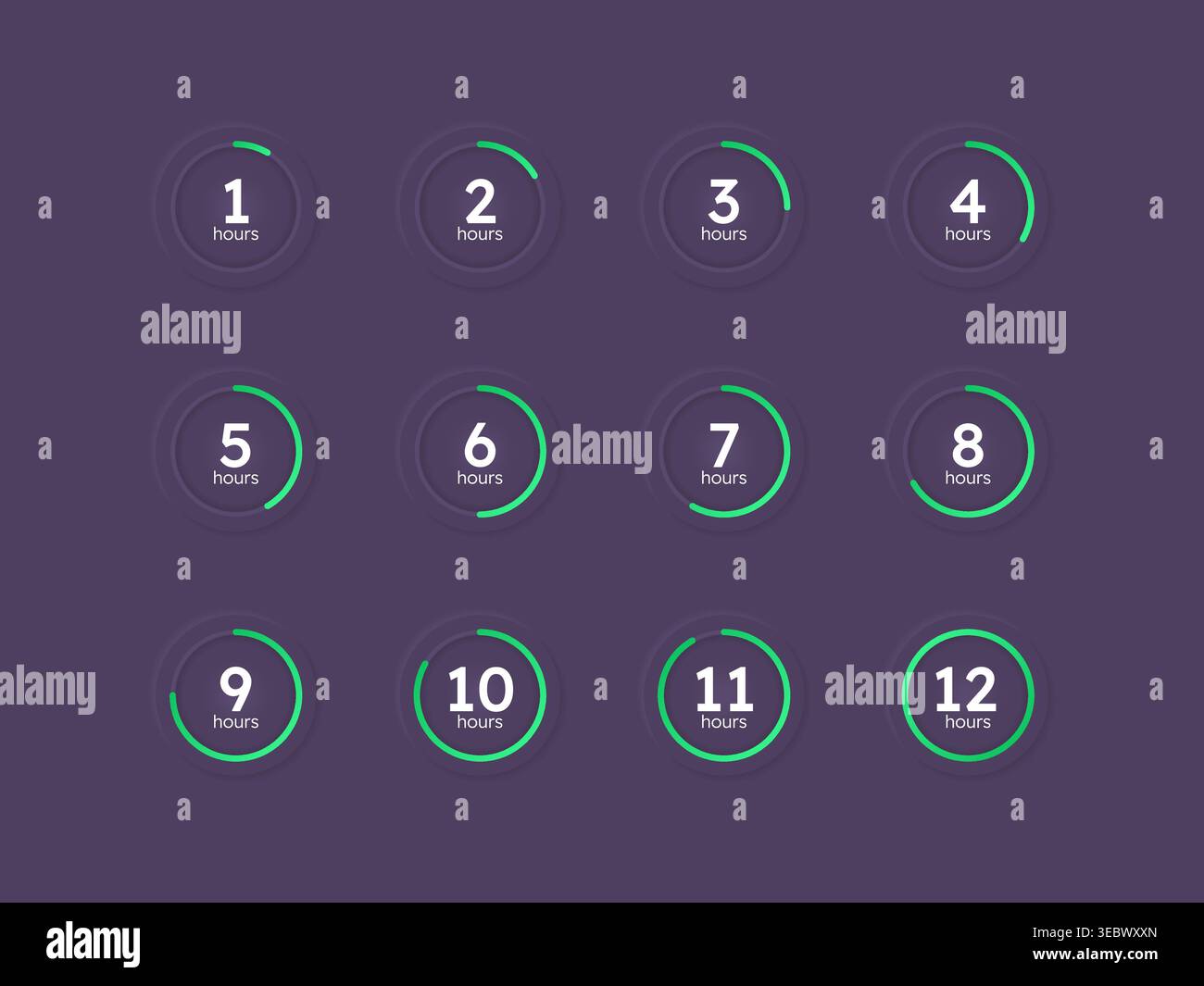 Green line neumorphism countdown timer set on dark background Stock Vector