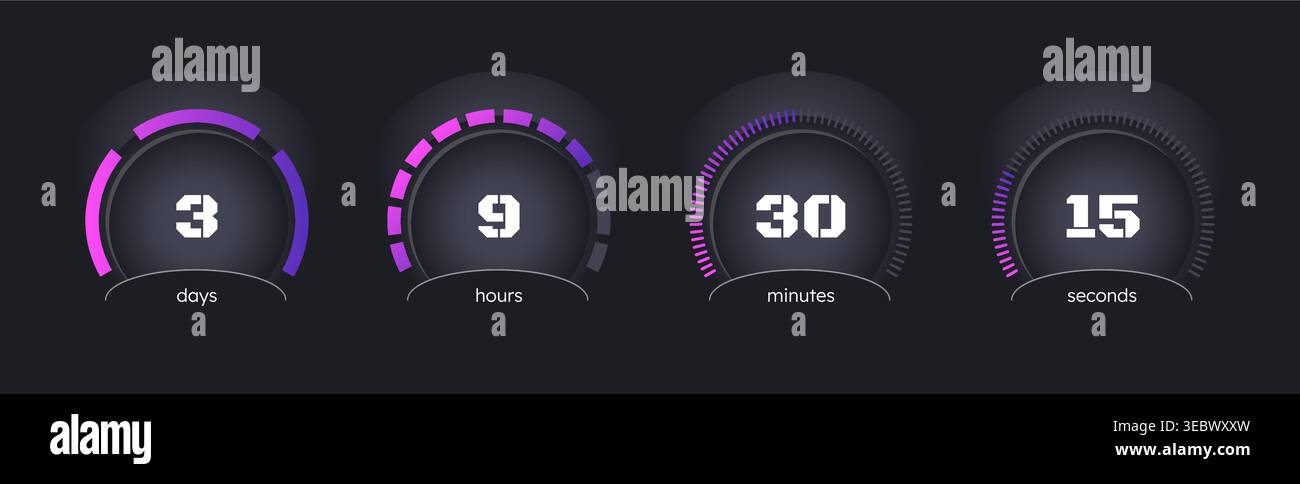 Purple gradient with radial dots countdown timer set on dark background Stock Vector