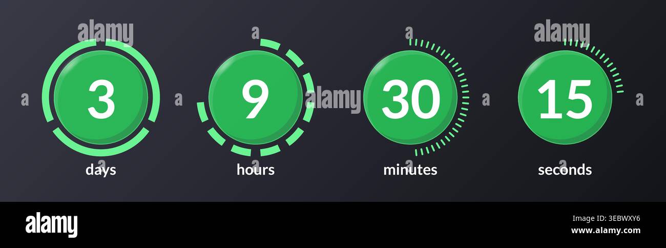 Green solid virtual countdown timer set on dark background Stock Vector