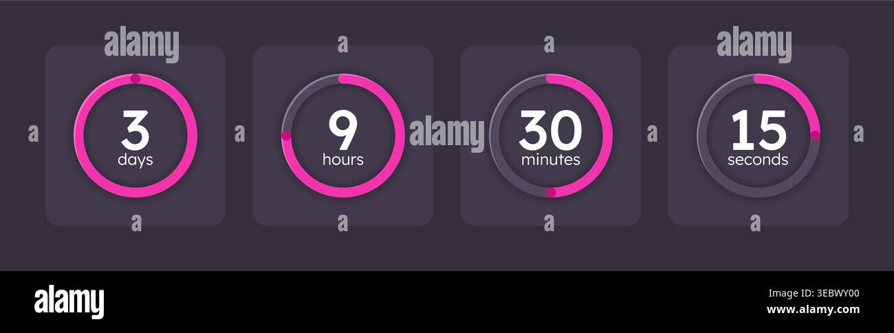 Magenta pink countdown timer set on dark background Stock Vector