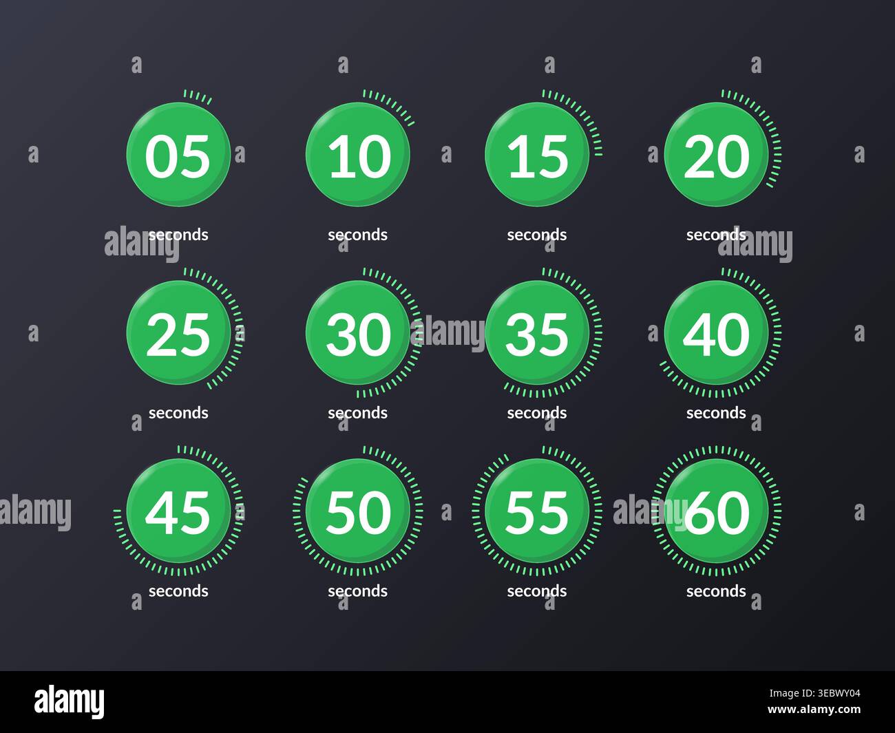 Green virtual countdown timer set on dark background Stock Vector
