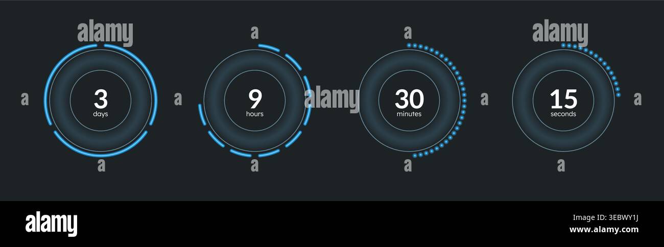 Blue neon dotted line countdown timer set on dark background Stock Vector
