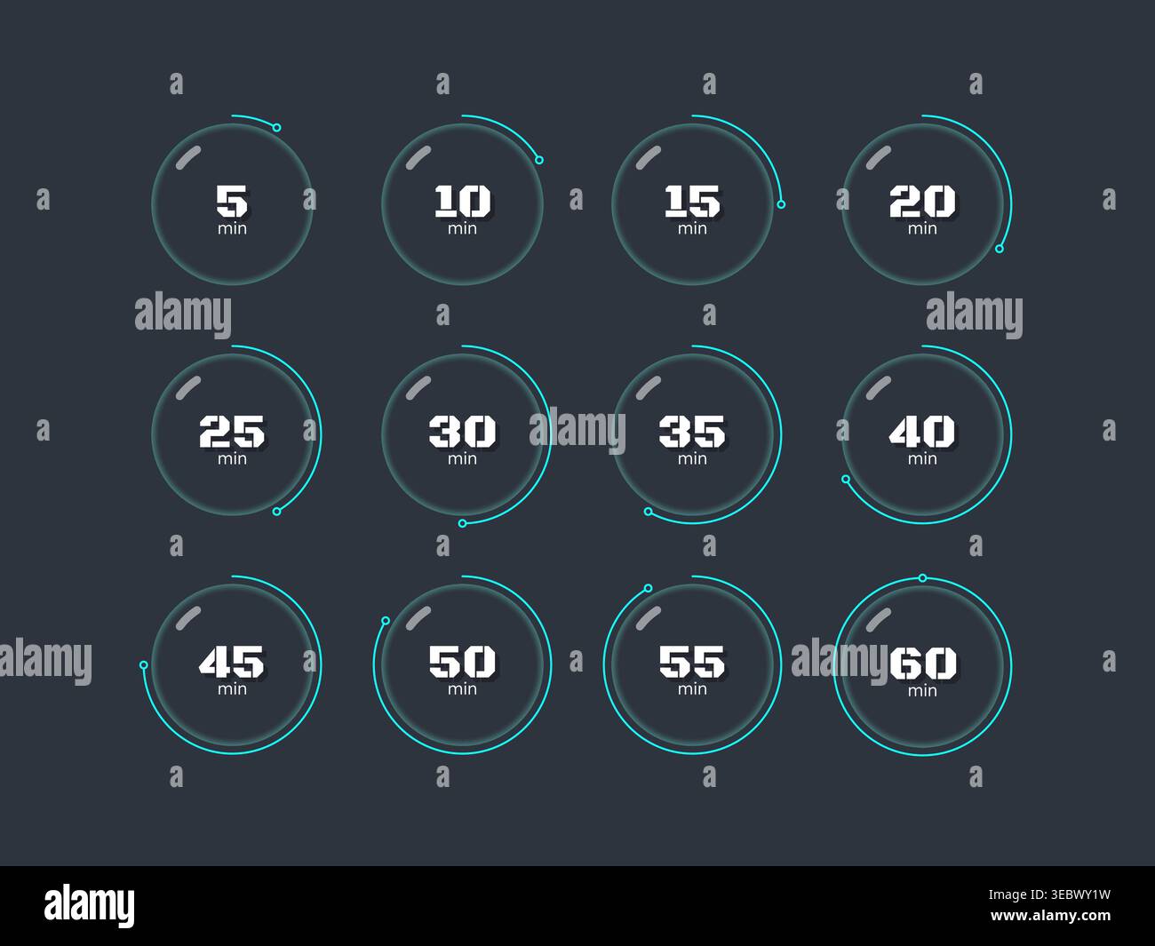 Glassmorphism blob countdown timer set on dark background Stock Vector