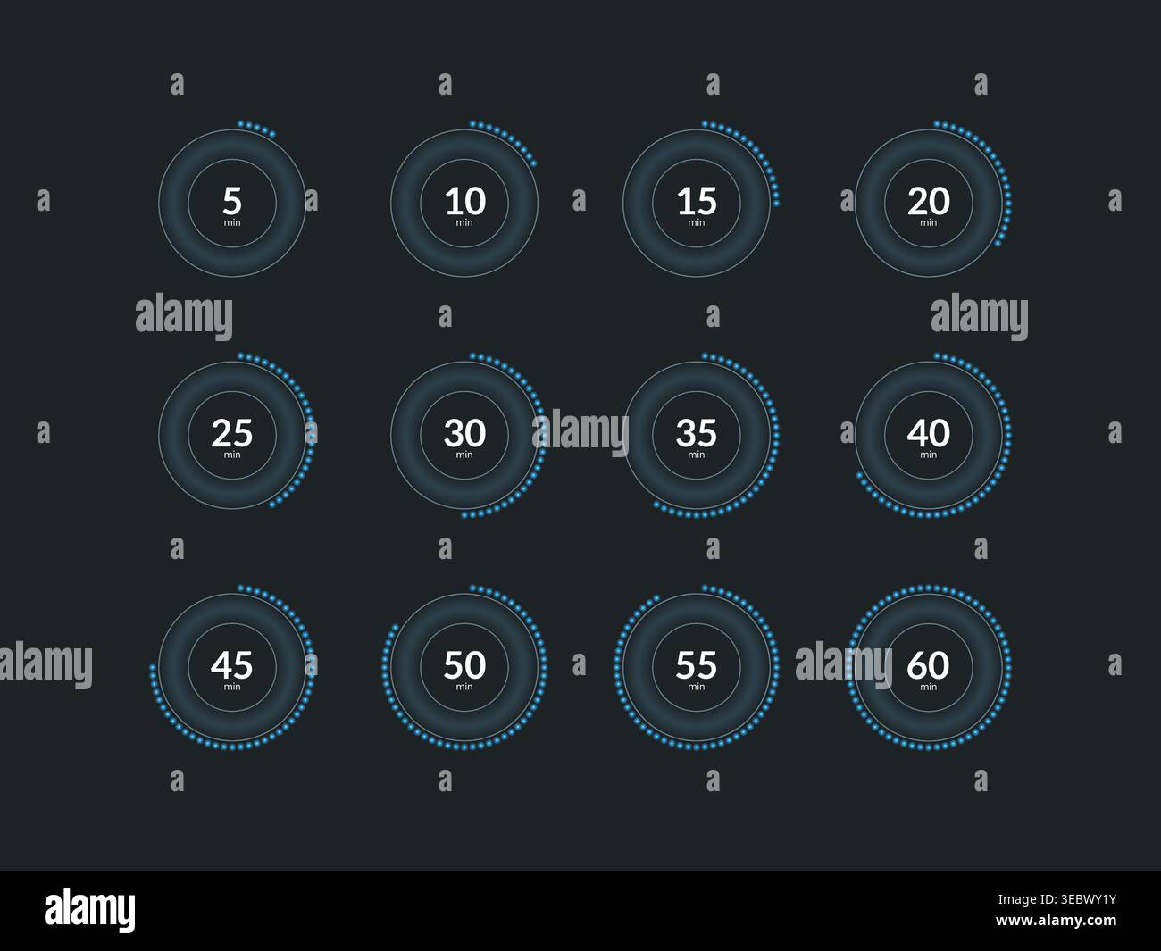 Blue neon dotted line countdown timer set on dark background Stock Vector
