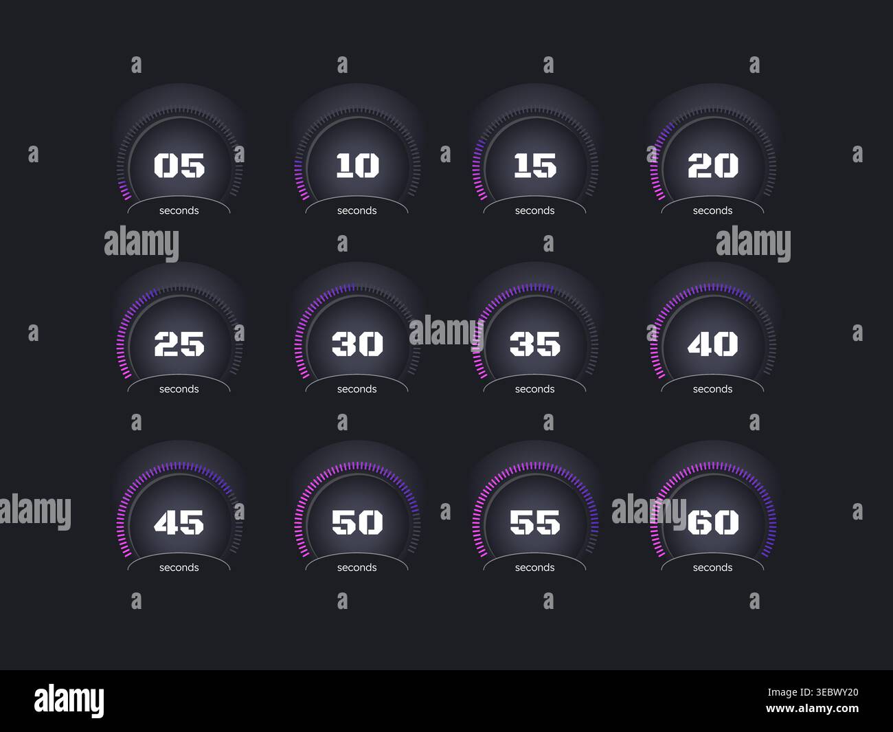 Purple gradient radial dots countdown timer set on dark background Stock Vector