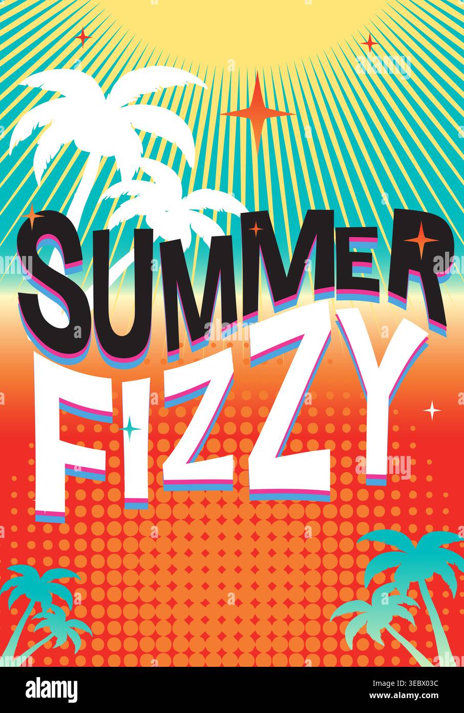Vibrant retro vector illustration with bold typography, halftone patterns, palm trees, and sunburst rays Stock Vector