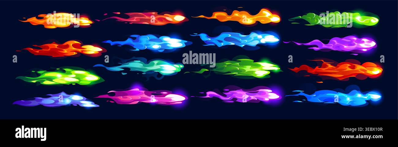 Plasma clots and comic gun fire effect vector trails in red, blue, green and purple flames. Fire streaks with dynamic movement and neon highlights. Plasma explosions and fire trails, flames and bursts Stock Vector