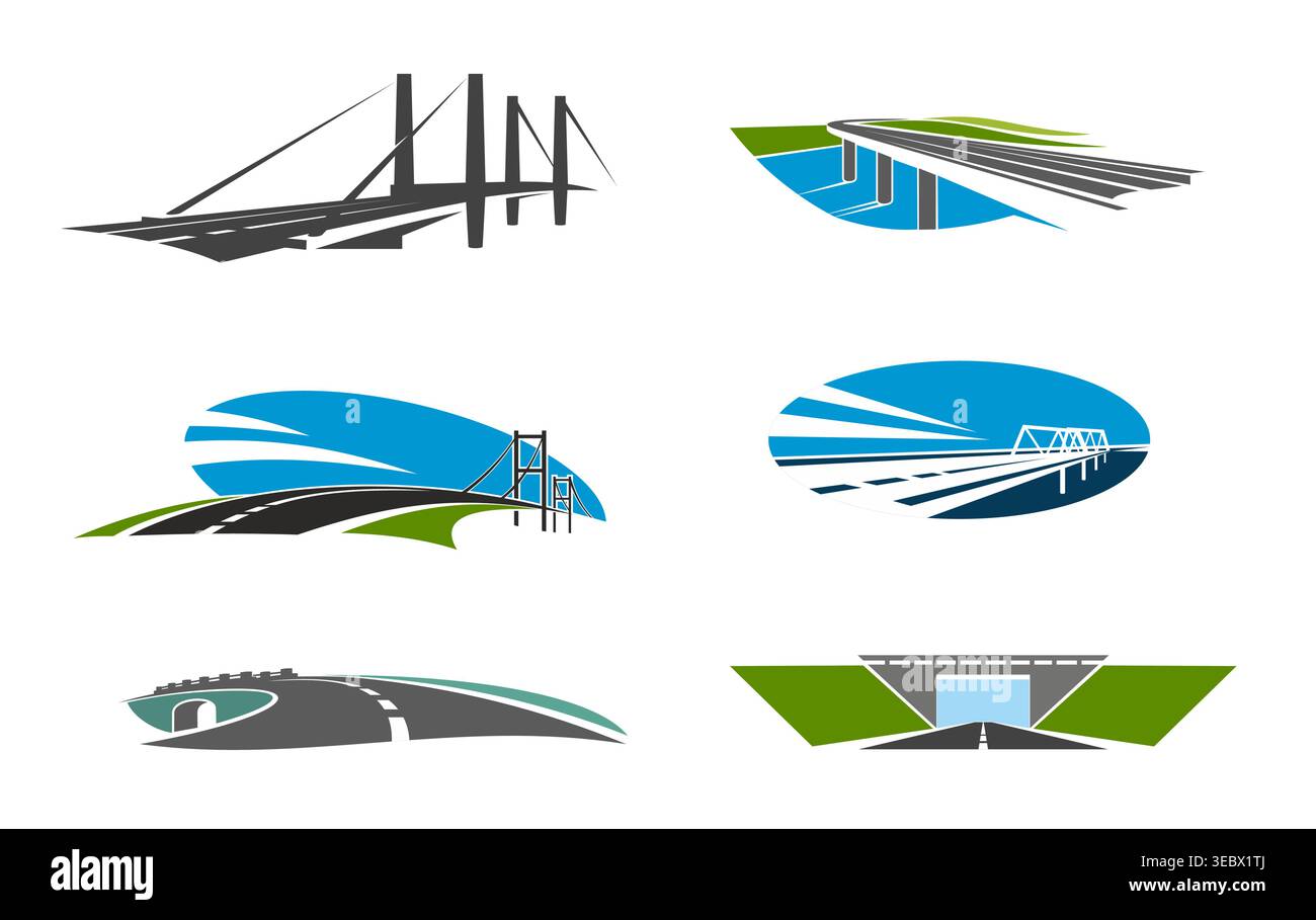 Bridge icon vector set, modern road and highway structures with spans ...