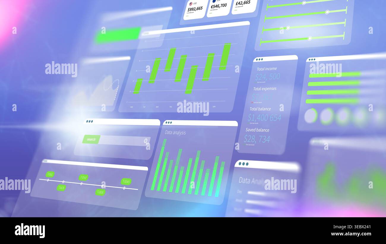 A digital display shows various charts and graphs for business data with input options for analysis Stock Photo