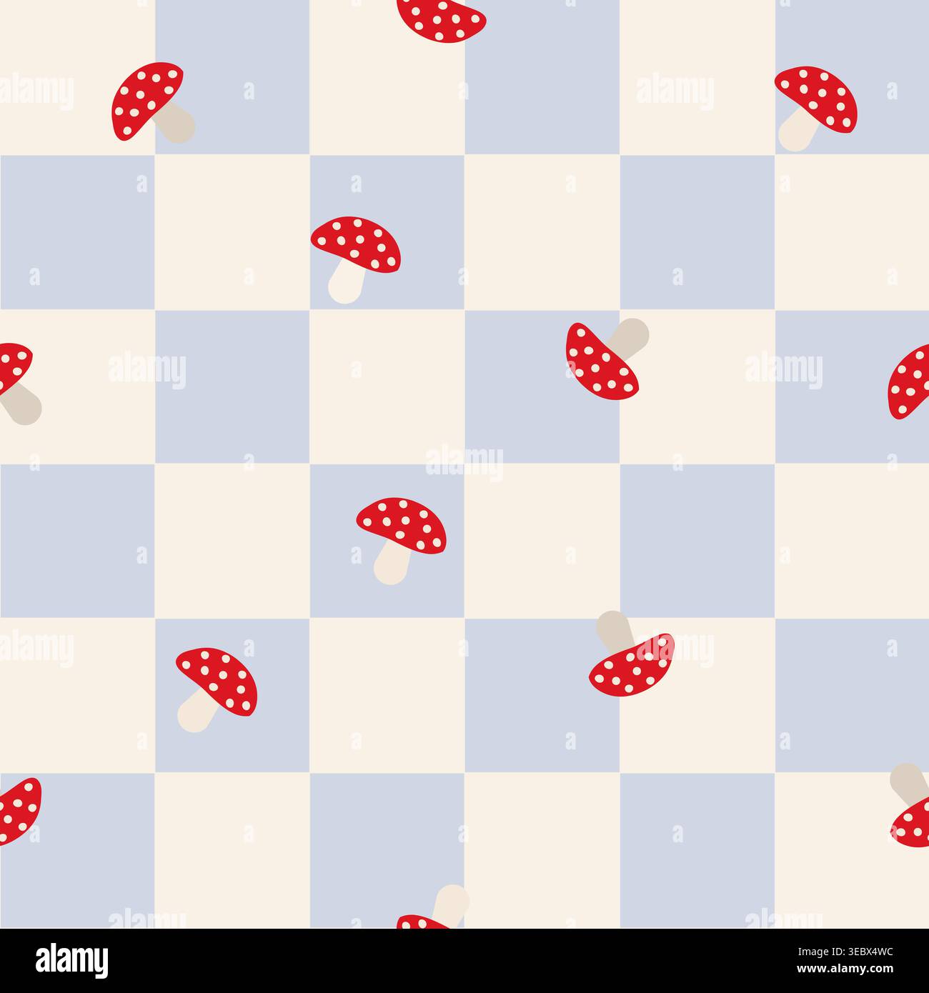 Blue plaid vibrant mushrooms seamless fabric design pattern Stock Vector