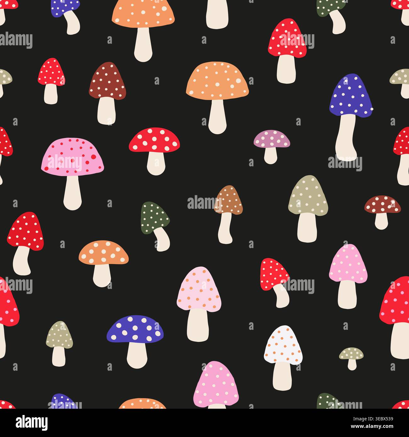 Cute colorful mushrooms seamless fabric design pattern Stock Photo
