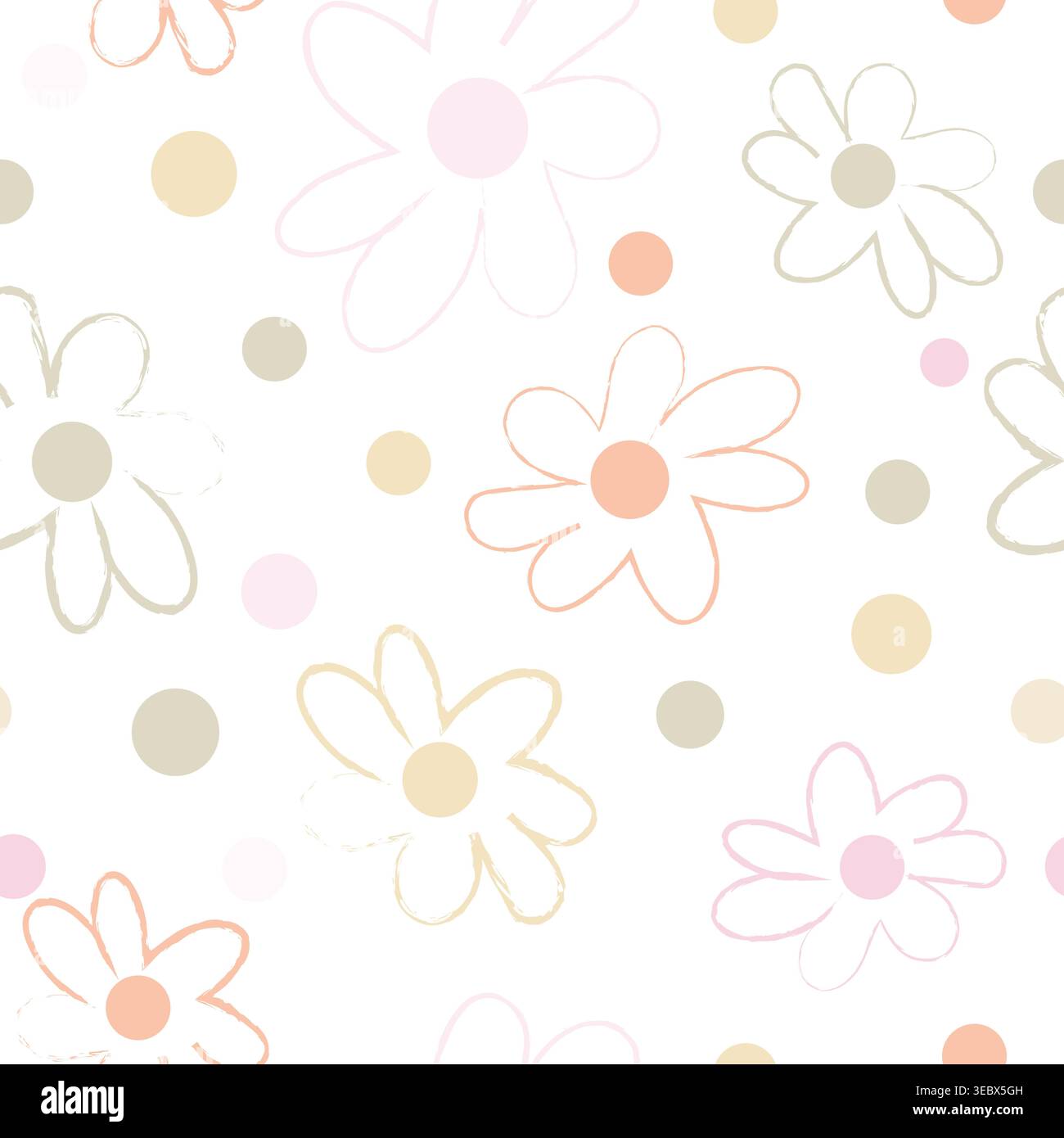 Cute doodle flowers and dots seamless fabric design pattern II Stock Vector