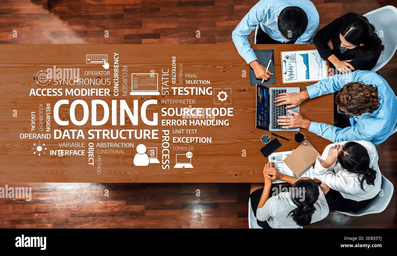 A vibrant collaborative session showcasing a diverse group of individuals engaged in coding, data structure exploration, and source code testing in a Stock Photo