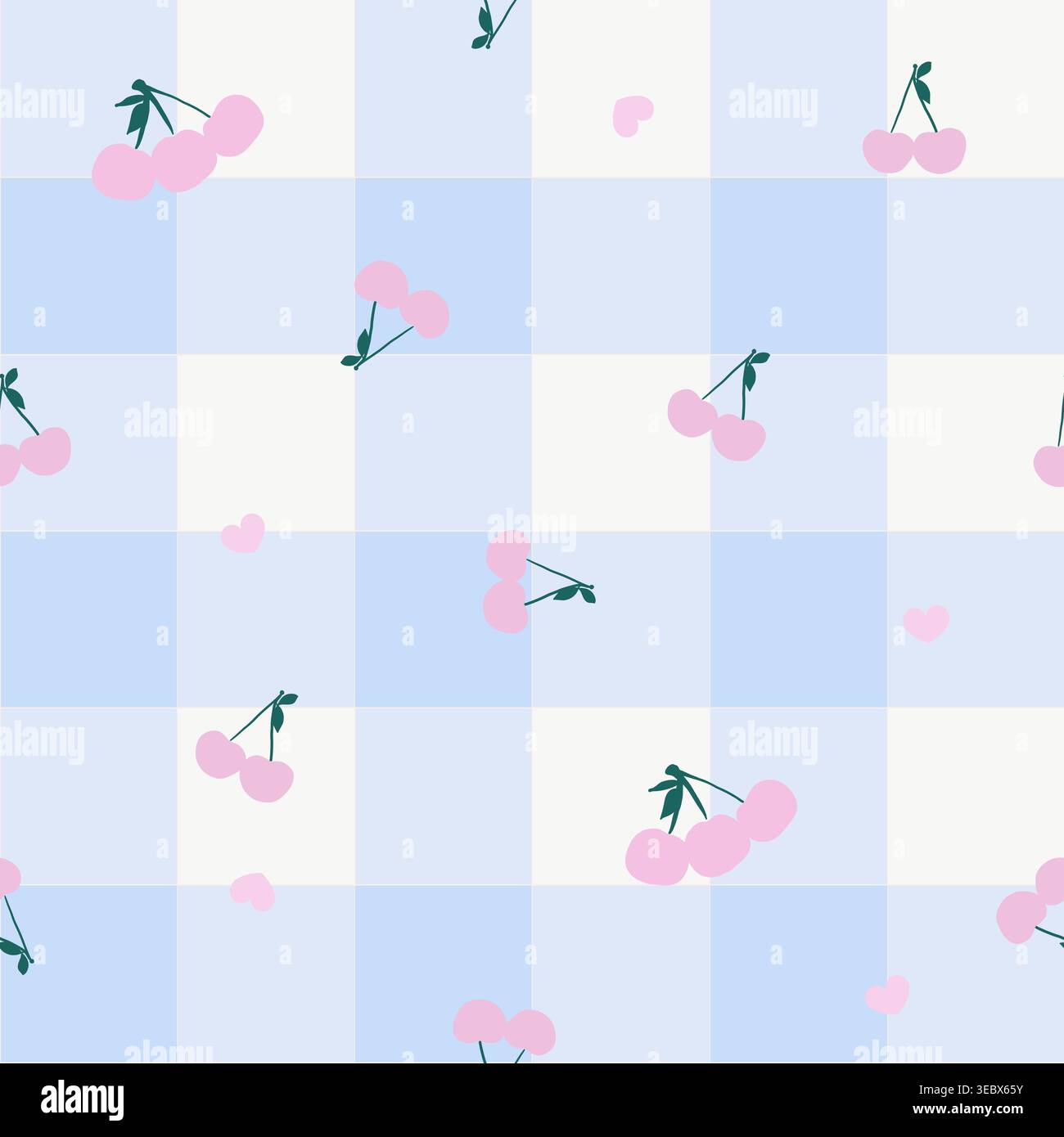 Blue plaid pink cherries seamless fabric design pattern Stock Vector