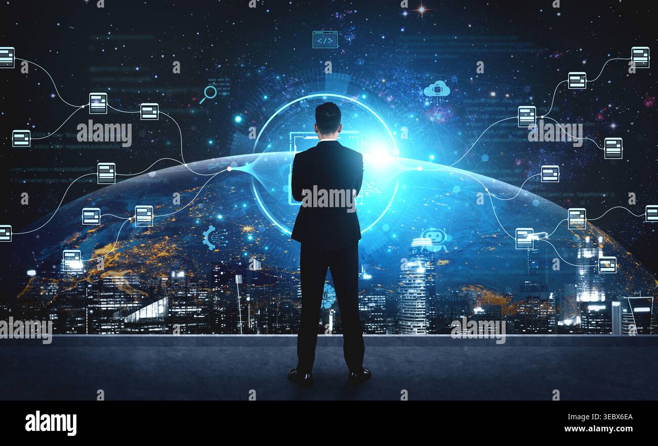 An AI-powered system for automating data workflows. The central intelligence processes and distributes information, managing complex data pipelines as Stock Photo