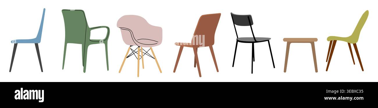 Colorful different chairs line up in a row Stock Vector