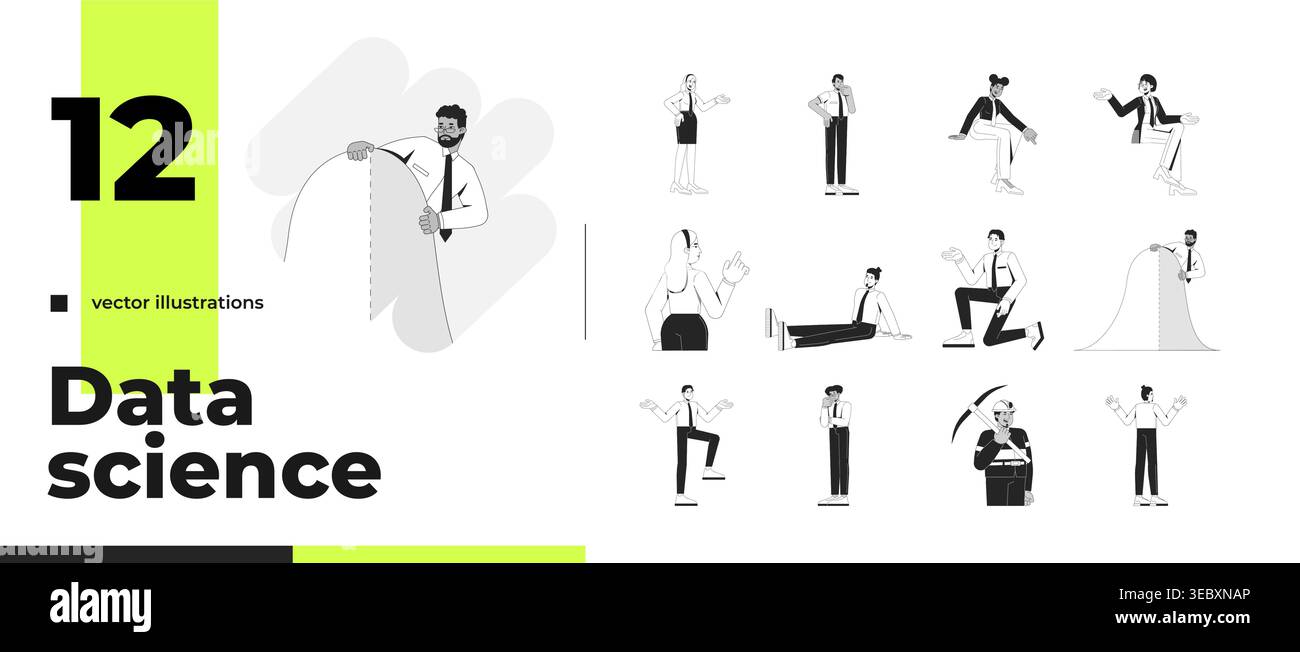 Diverse professionals doing analytical tasks outline illustrations bundle Stock Vector