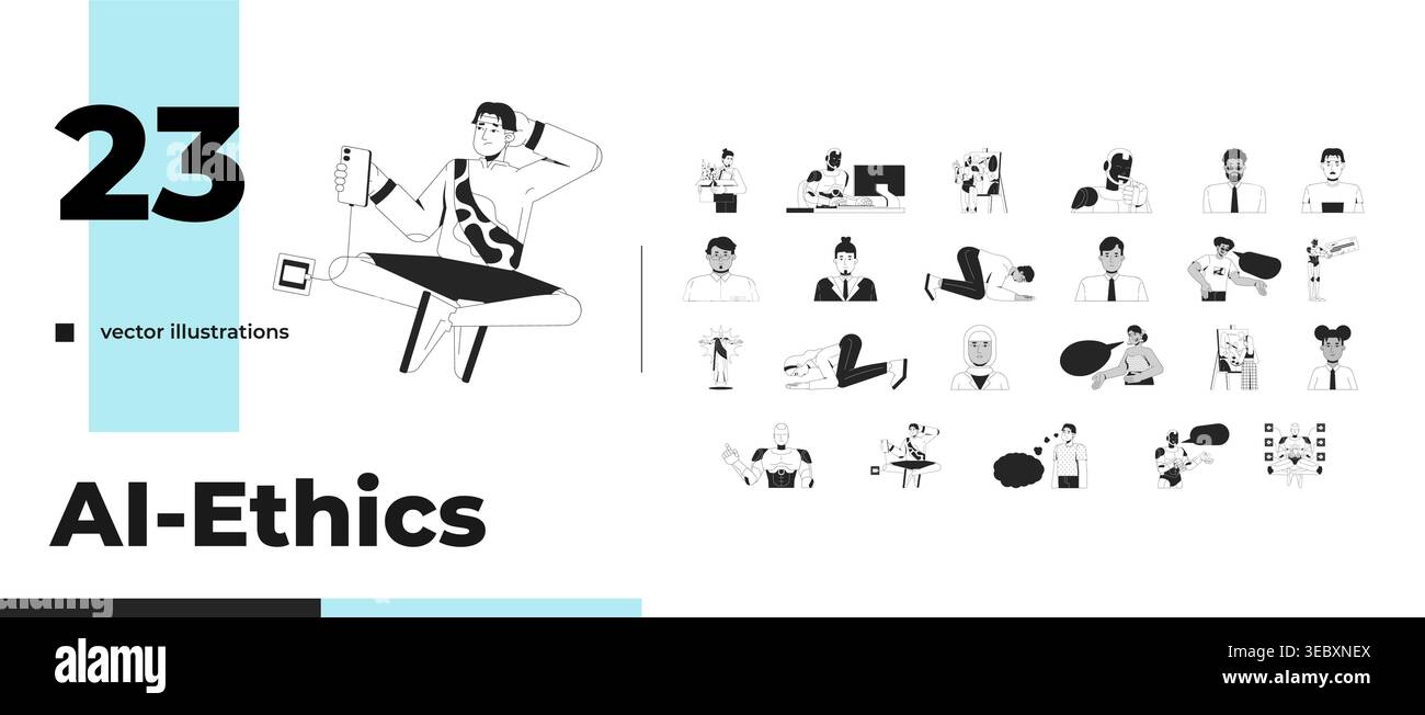 AI influence on human behavior and digital interaction outline illustrations bundle Stock Vector