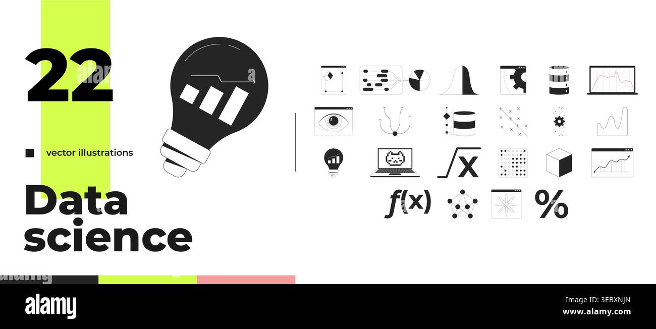 Data science analytics and visualization outline illustrations bundle Stock Vector