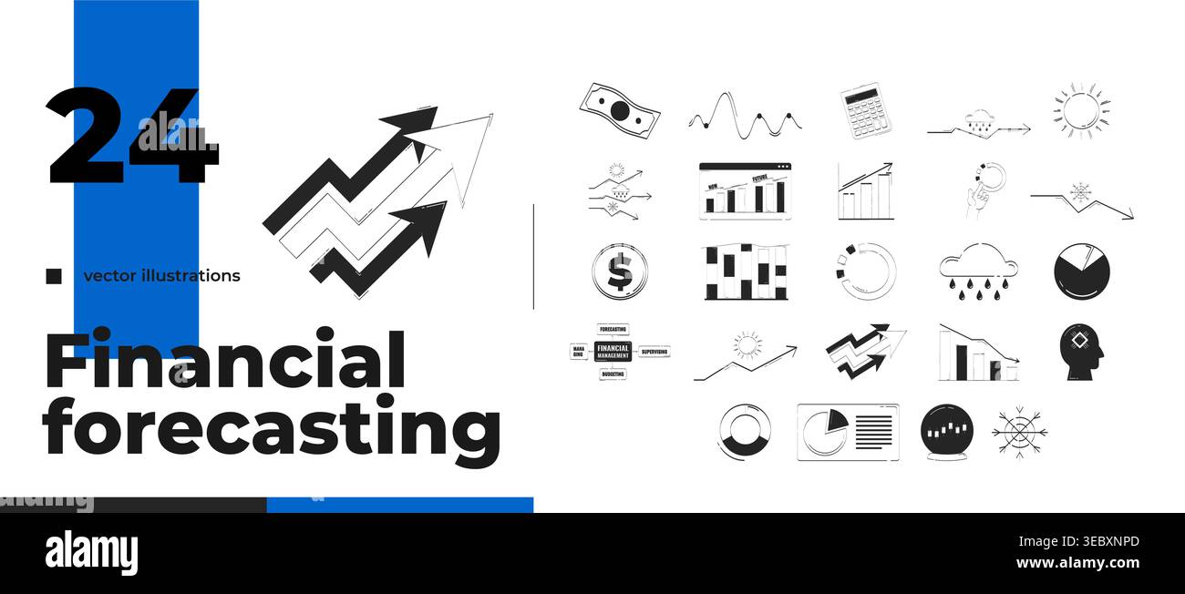 Financial forecasting charts and analytics outline illustrations bundle Stock Vector