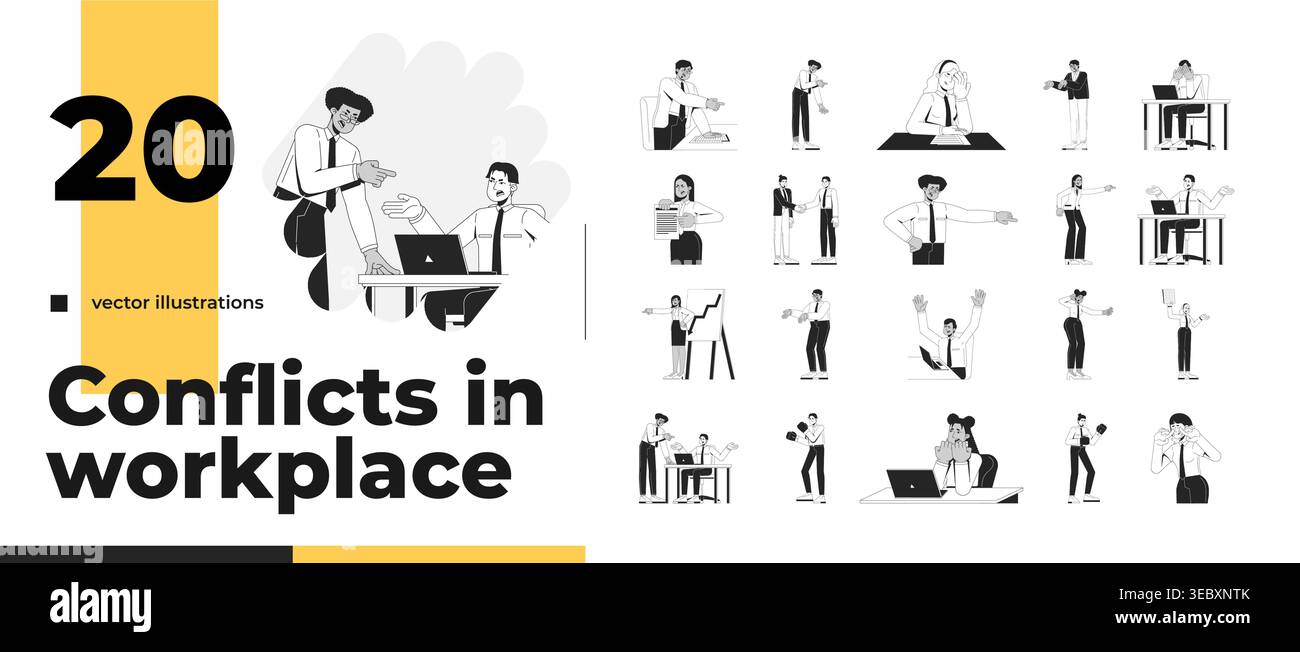 Workplace conflict and office dispute outline illustrations bundle Stock Vector