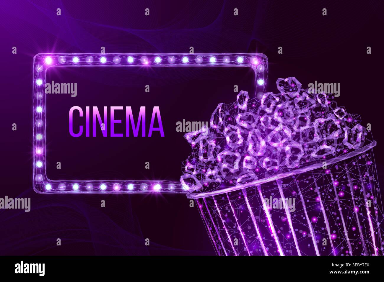 Pop corn wireframe and light billboard. Movie night poster template with glowing low poly tasty snack. Futuristic modern abstract. Isolated on dark Stock Vector