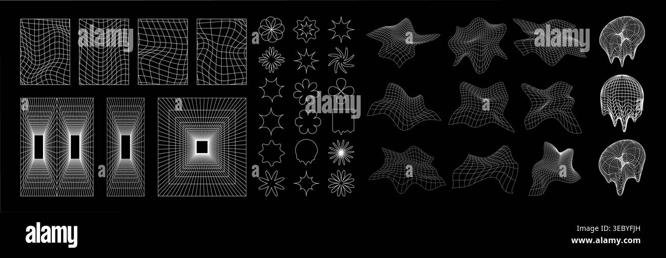 Cyber distorted grid, punk perspective rectangular tunnels and y2k psychedelic elements set. Grid geometry tunnel, elements on black background Stock Vector