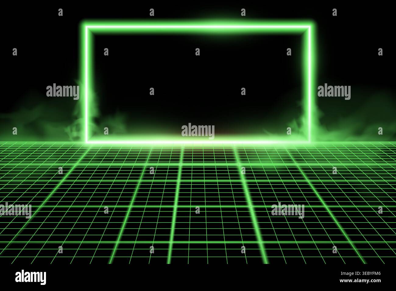 Wireframe perspective grid with green glowing neon frame. Abstract retro background. Vector illustration. Stock Vector