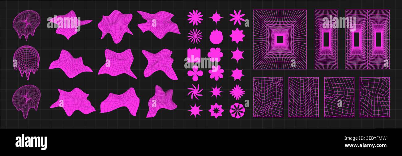 Pink cyber distorted grid, punk perspective rectangular tunnels and y2k psychedelic elements set. Grid geometry tunnel, elements on black background Stock Vector