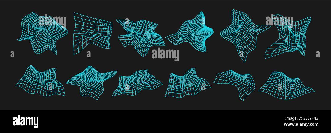 Cyber distorted grids, retro punk design elements set. Wireframe wave geometry mesh on black background. Vector illustration. Stock Vector
