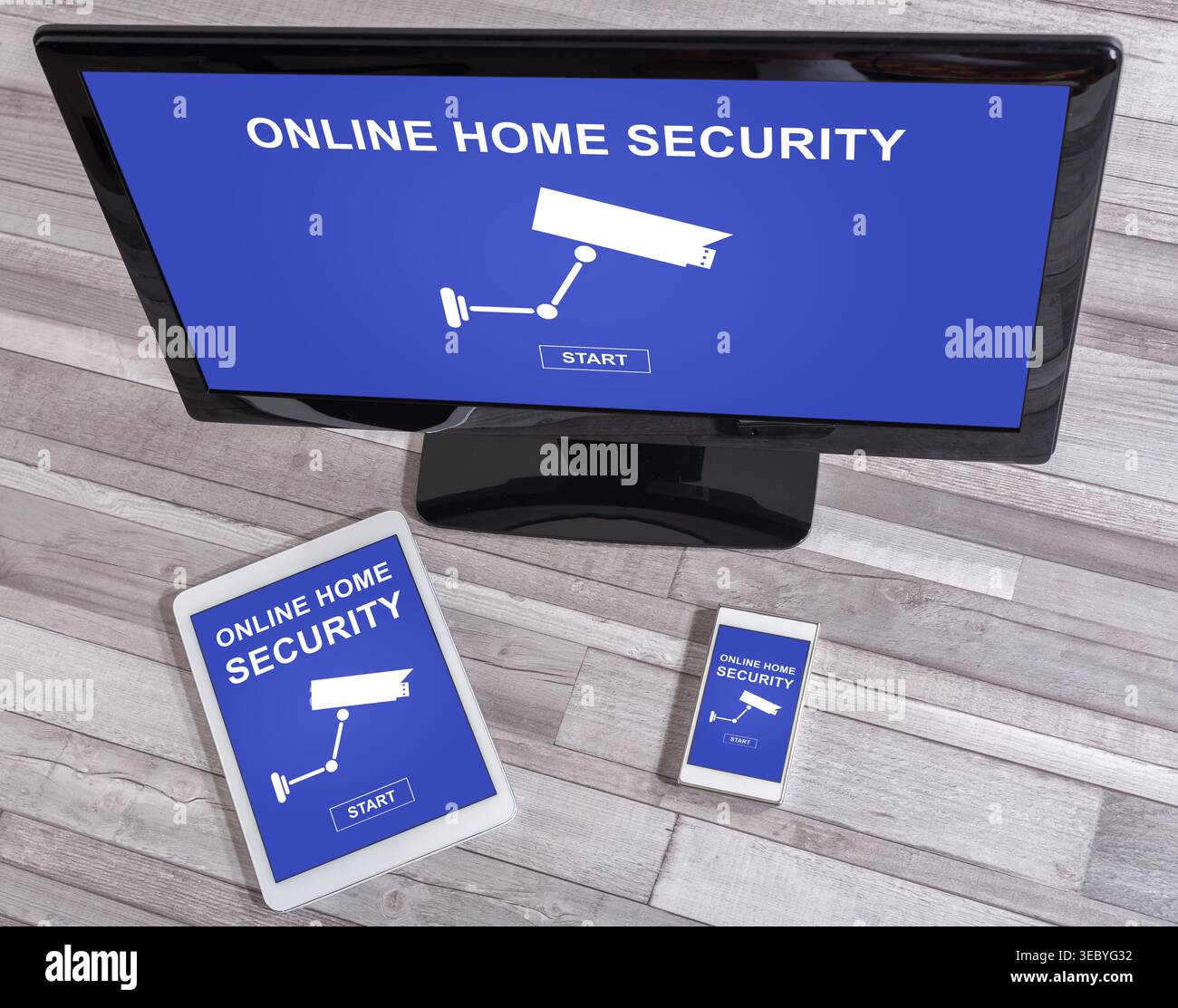 Online home security concept shown on different information technology devices Stock Photo