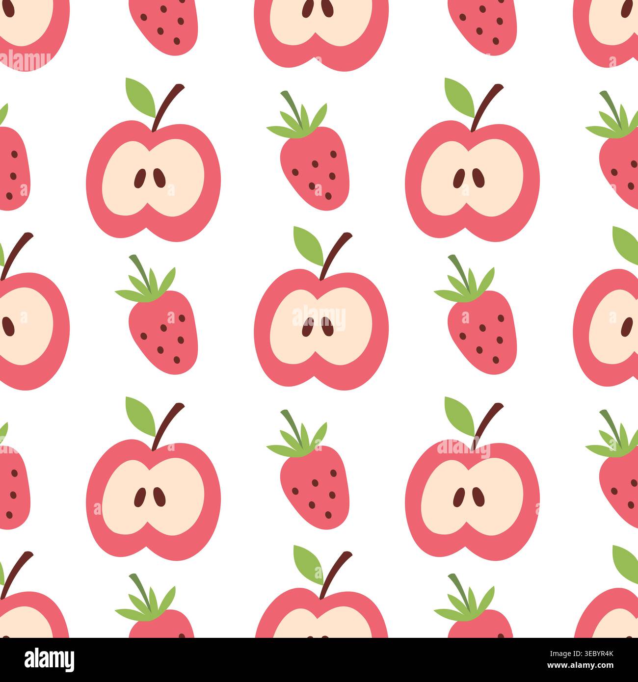 Seamless pattern with apple slice and strawberry in doodle style Stock Vector