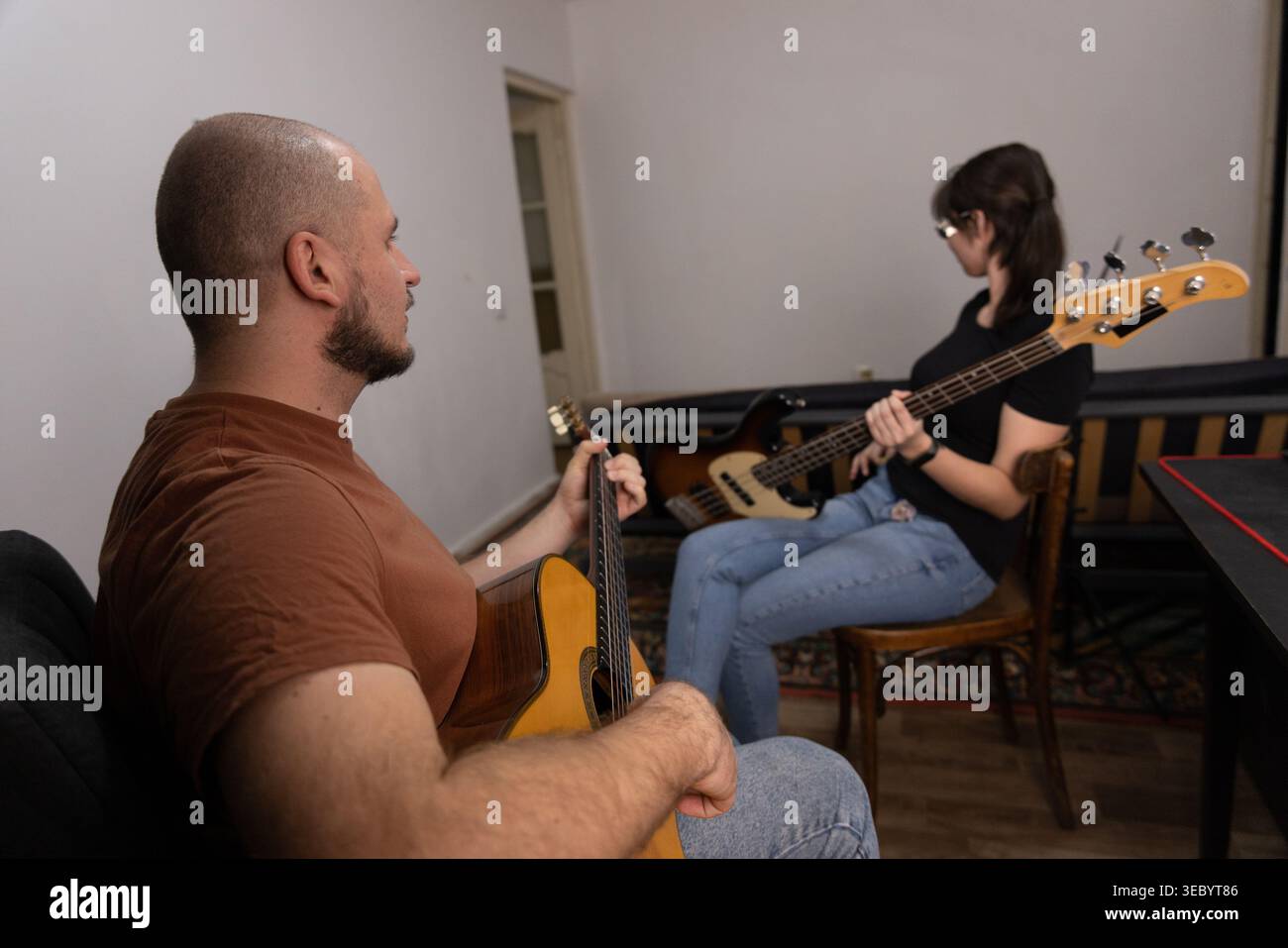 Musicians back view during creative process Stock Photo