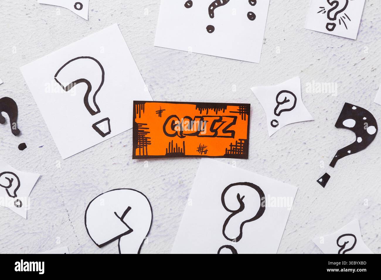 Quiz card with different question marks on white background Stock Photo