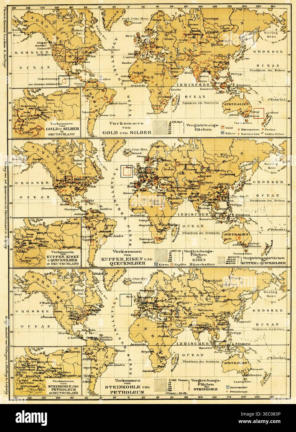 World maps of the continents with their mineral resources, detailed map ...