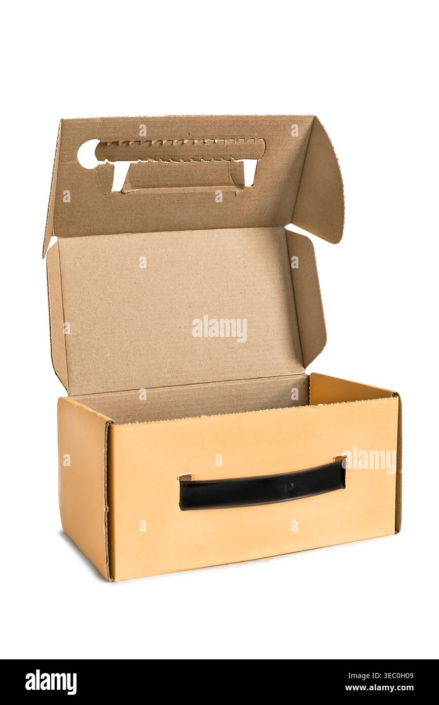 Opened brown packaging carton box isolated on white background Stock Photo