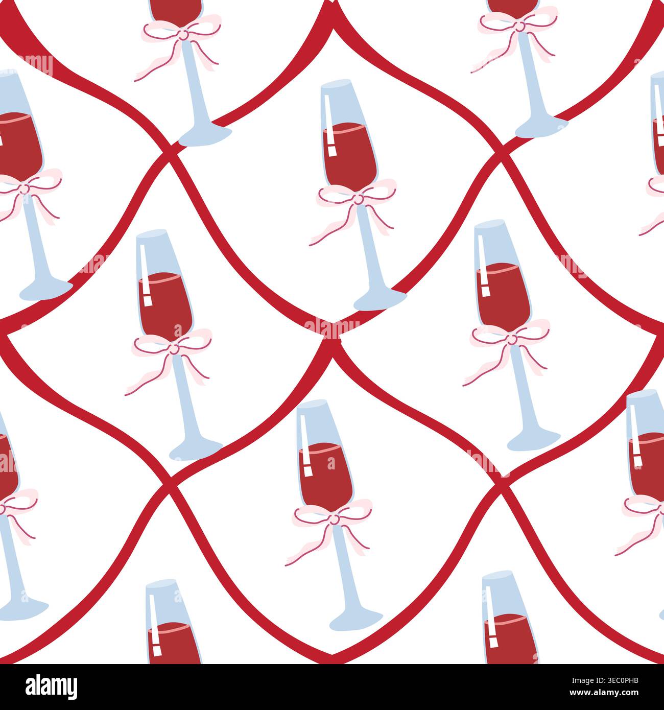 A seamless pattern with diagonal grid of champagne glasses with red bows in a flat cartoon style. Ideal for festive occasions, party invitations, and Stock Vector